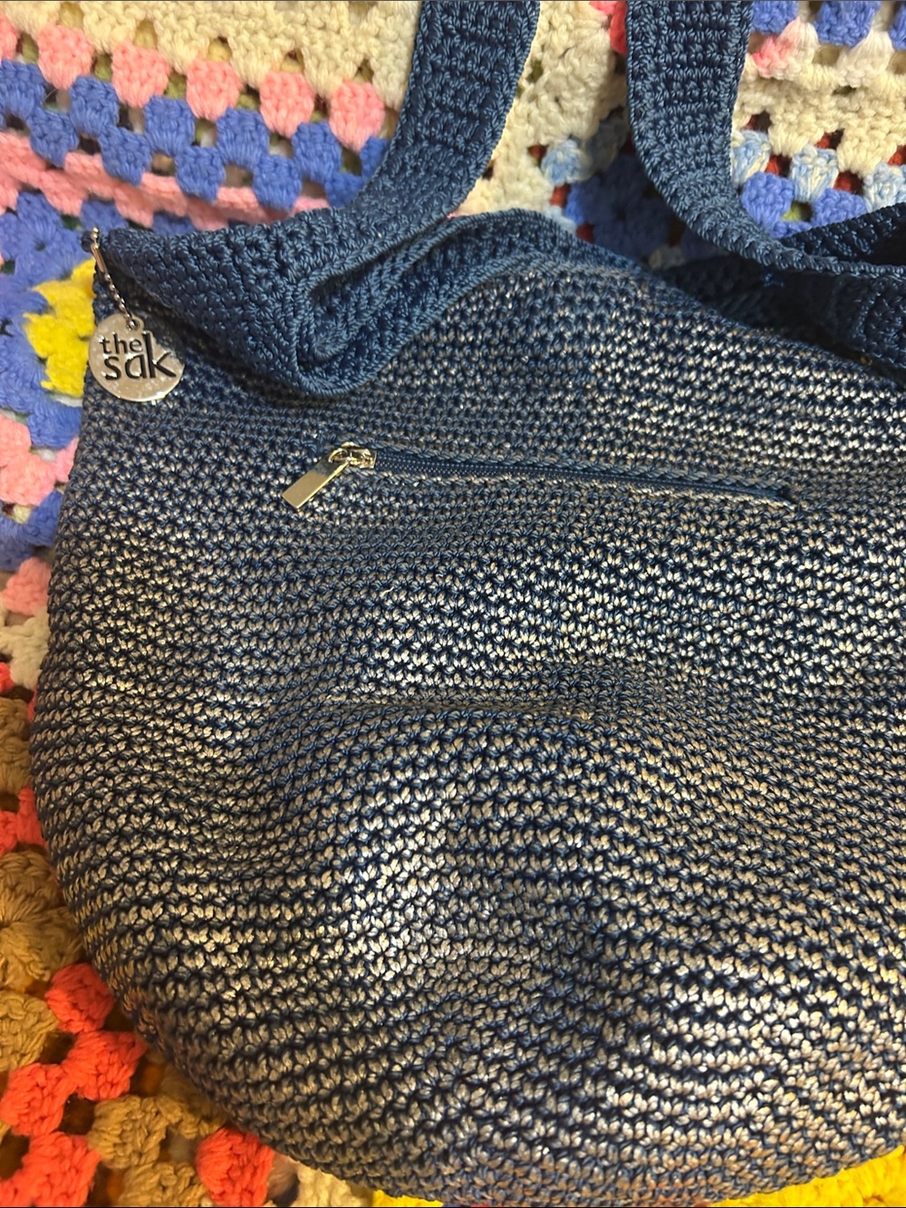 The Sak Navy Blue Crochet Shoulder Bag with Silver Accent